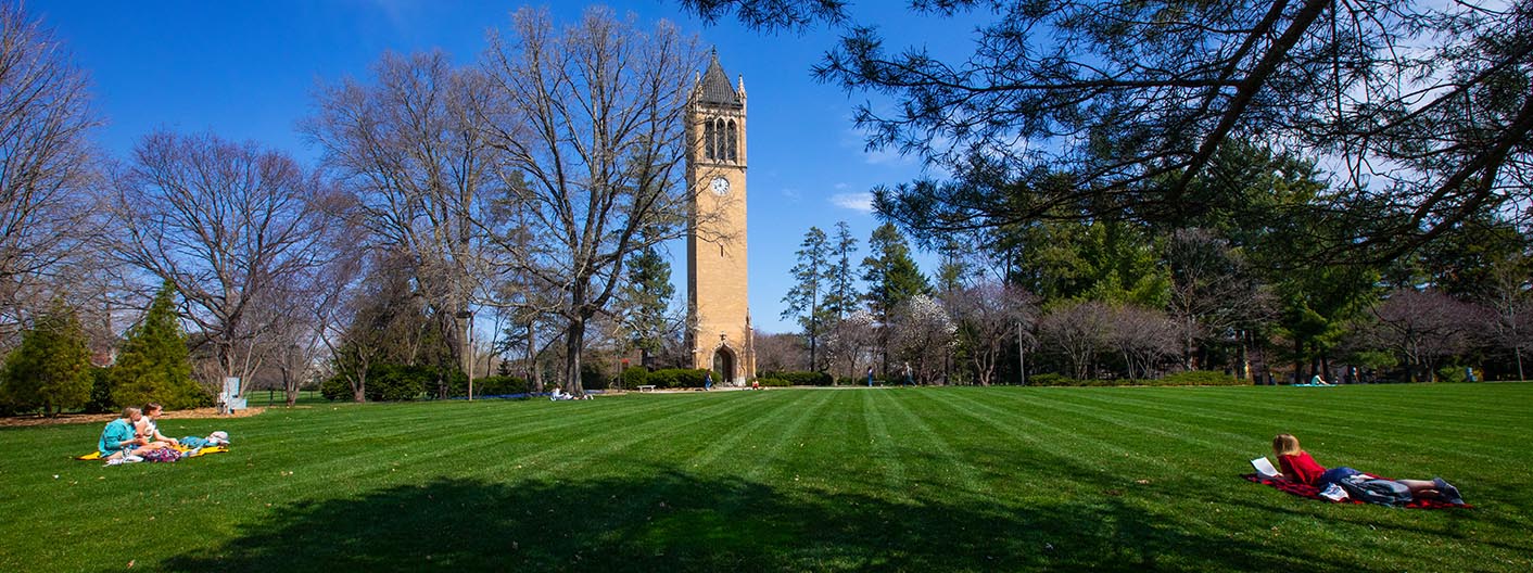 Springtime view of the campanile with students lounging on the lawn.